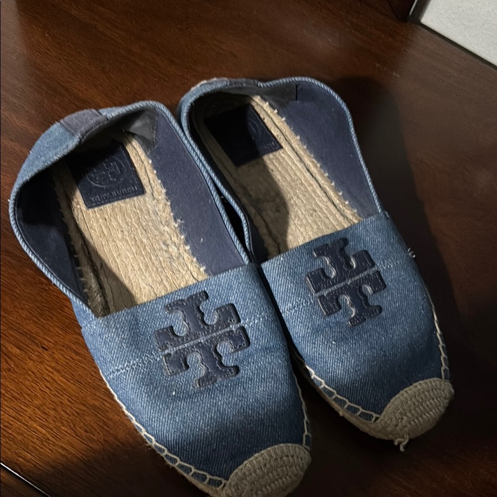 Tory Burch Blue and Tan Espadrilles with Jute Sole